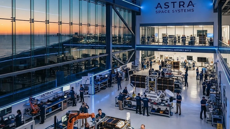 Modern satellite manufacturing facility in Melbourne, Florida with robotic arms and high-tech equipment.