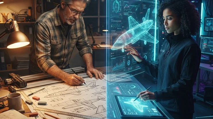 Conceptual image of the transition from traditional to AI-driven aerospace engineering.