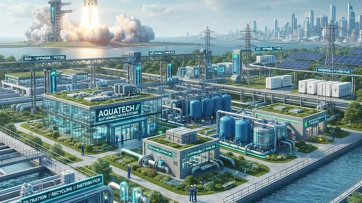 A modern water treatment facility with a rocket launch in the background.