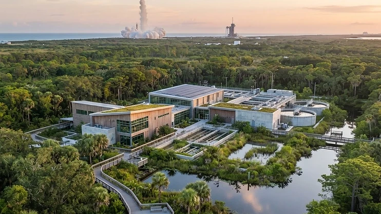 A modern water treatment facility with a rocket launch in the background.