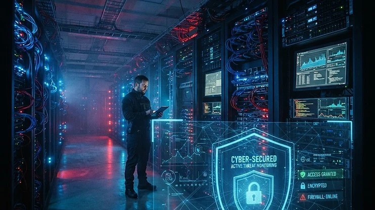 Server room with digital security overlay.