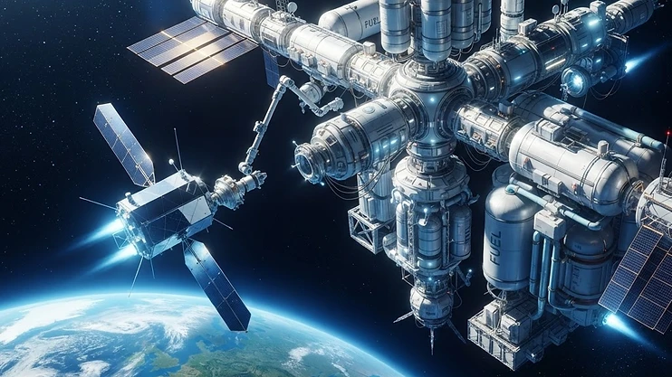 A futuristic orbital refueling depot in space with a satellite docking.