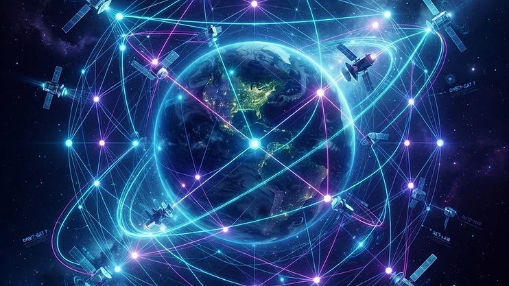 Abstract representation of a satellite network with data nodes.