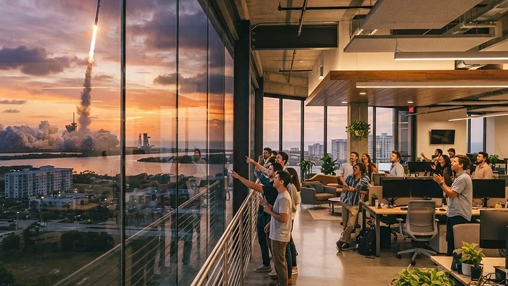 A modern startup office in Melbourne with a rocket launch visible in the distance.