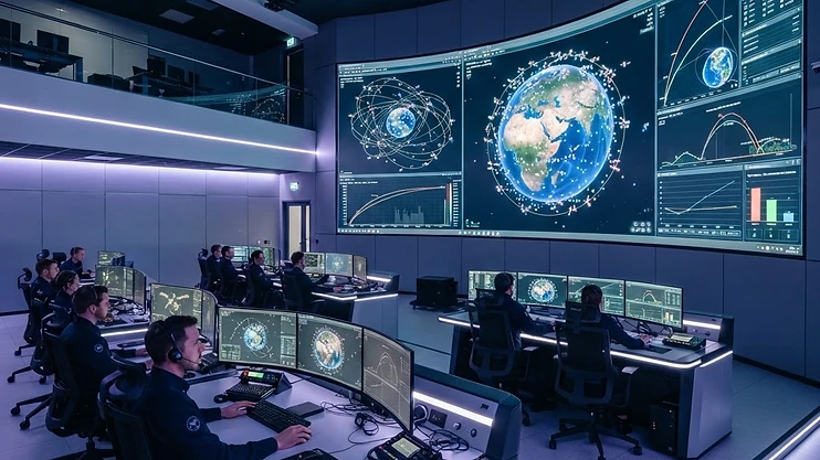 Futuristic control room with data visualizations of space operations.