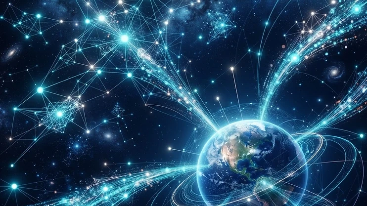 Abstract digital network representing space-based edge computing.