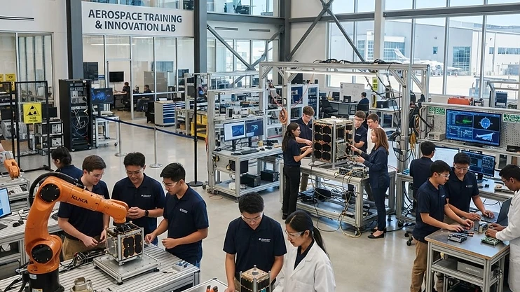 Interior of the new Aerospace Center of Excellence showing students working on advanced technology.