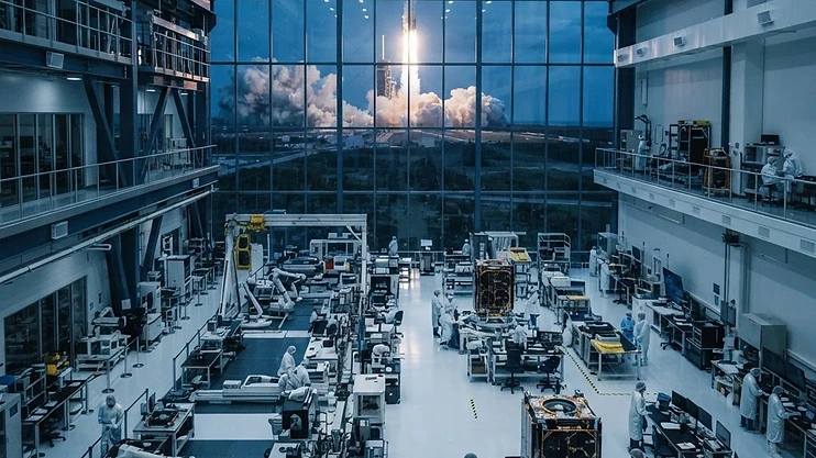 A modern satellite manufacturing facility with a rocket launch visible in the distance.