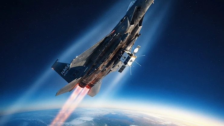 Fighter jet launching a satellite into space.