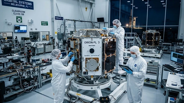 Engineers working on a satellite in a modern cleanroom facility.