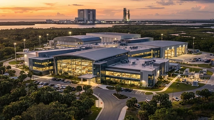 Modern aerospace manufacturing facility in Titusville, Florida at sunset.