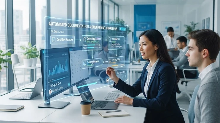 Digital interface showing automated documentation and onboarding workflows.