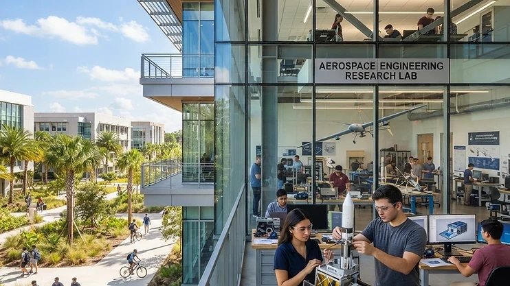 Modern university campus with aerospace laboratories.