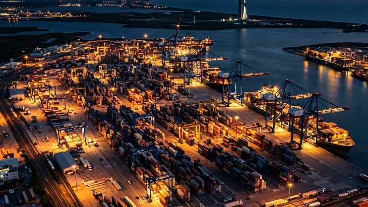 Aerial view of a busy port with industrial infrastructure.