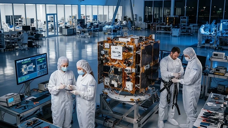 Engineers working in a modern satellite manufacturing facility.