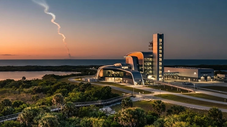 A modern industrial facility on the Space Coast at sunset, representing the intersection of technology, aerospace, and local development.