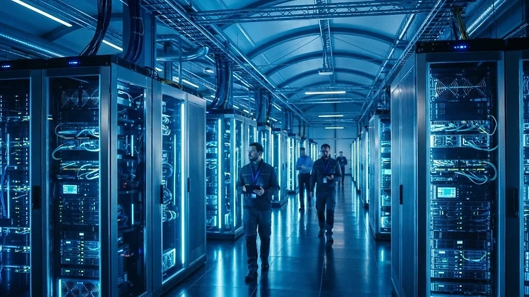 High-tech data center server room.