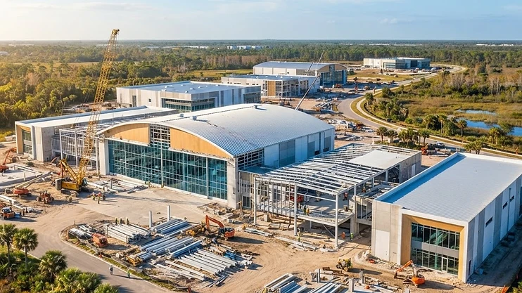 Modern high-tech industrial park under construction in Titusville, Florida.
