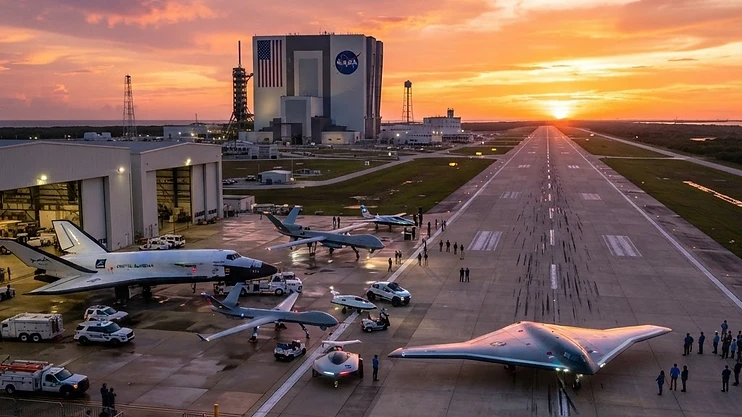 The Shuttle Landing Facility at Kennedy Space Center during an innovation expo.