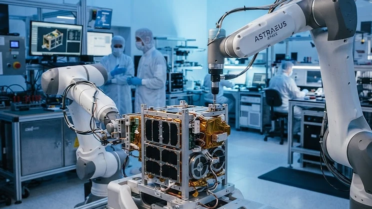 Robotic arms working on a satellite in a clean-room facility.