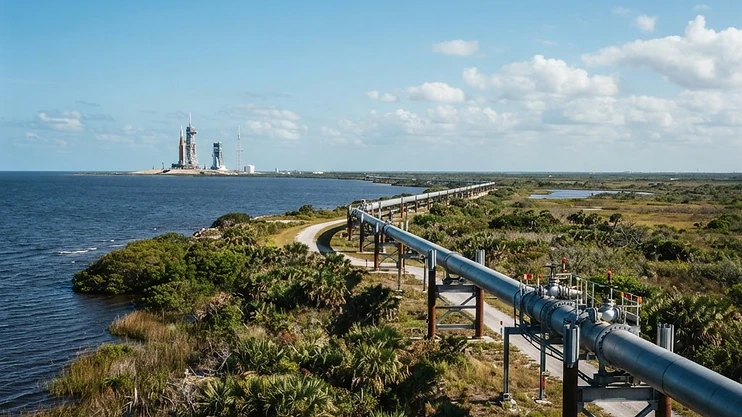 Industrial pipeline in the Florida landscape with a rocket launch pad in the distance.
