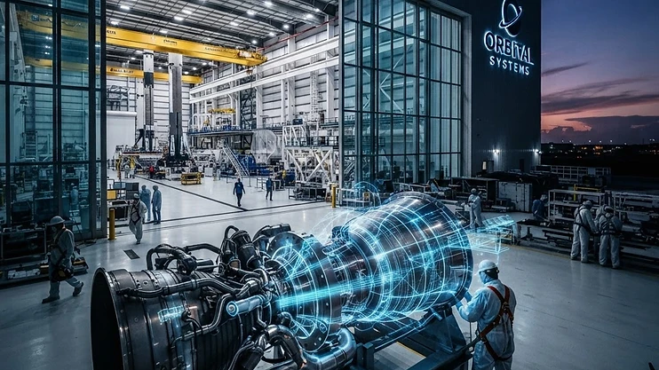 A high-tech aerospace manufacturing facility in Melbourne, Florida, featuring metallic engine parts and glowing data visualizations.