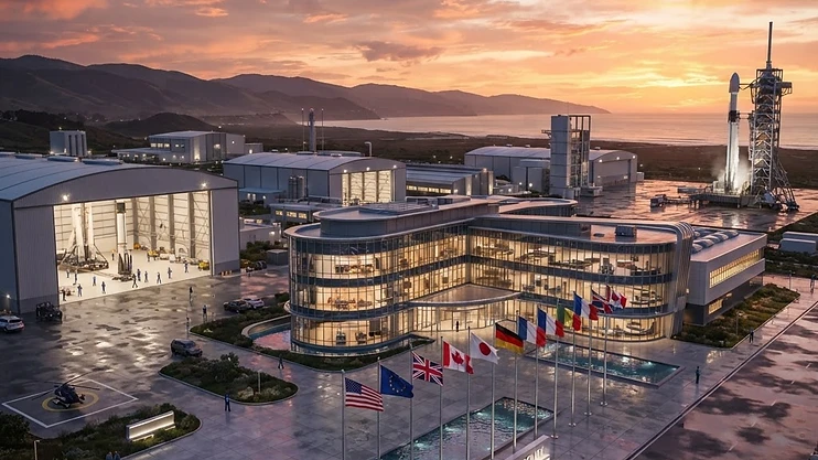A modern aerospace facility with international flags, representing global collaboration.