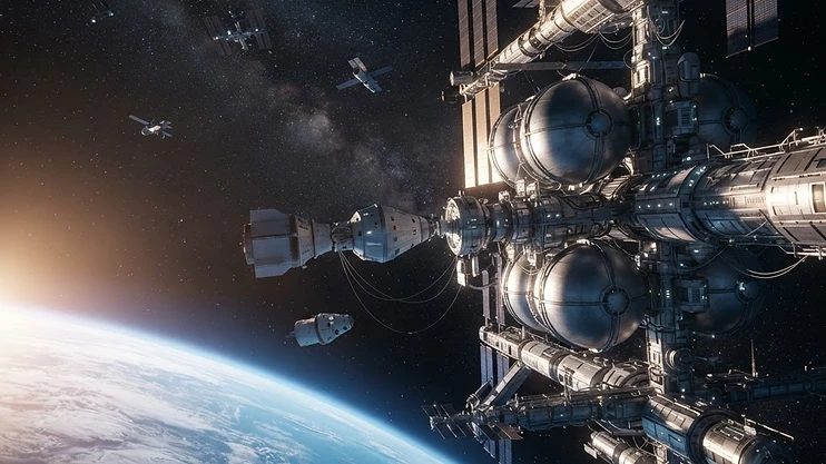 An artistic rendering of an autonomous in-space refueling depot orbiting Earth.