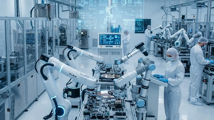 A modern, high-tech manufacturing facility with robotic arms and digital data overlays.