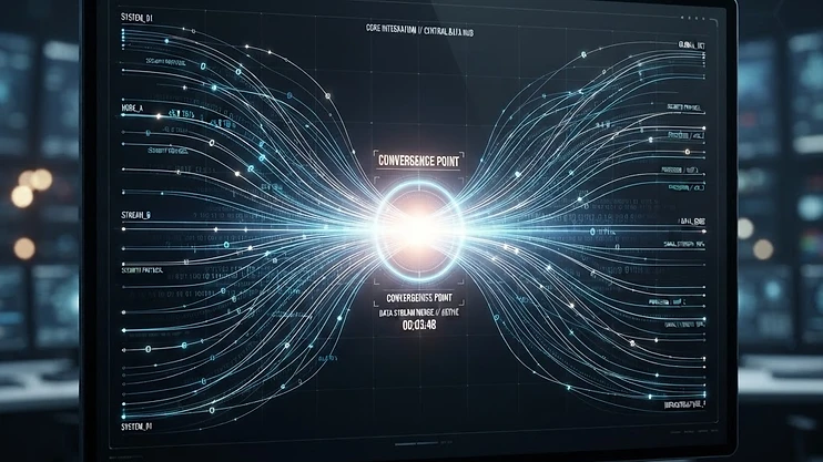 Digital interface showing data streams converging.