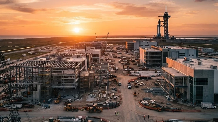 Modern industrial park construction site with a rocket launch tower in the distance.