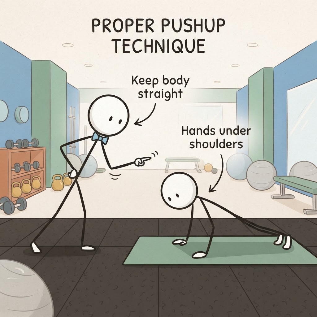 El instructor enseña técnica de flexiones.