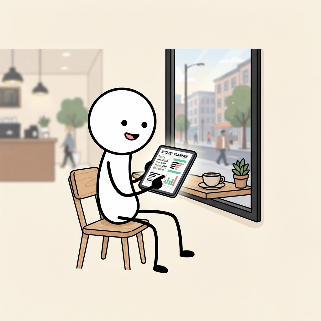 Presupuesto en tablet en la cafetería