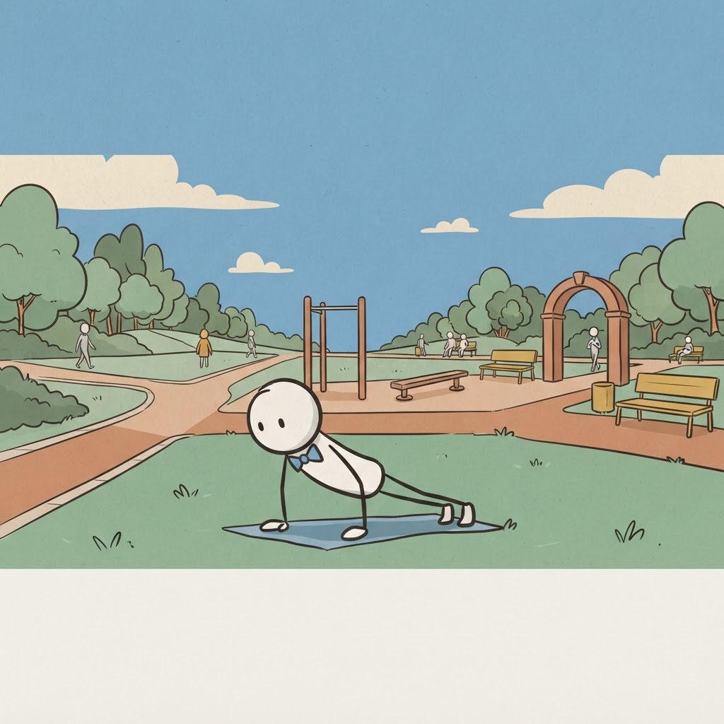 Haciendo flexiones sobre el pasto.