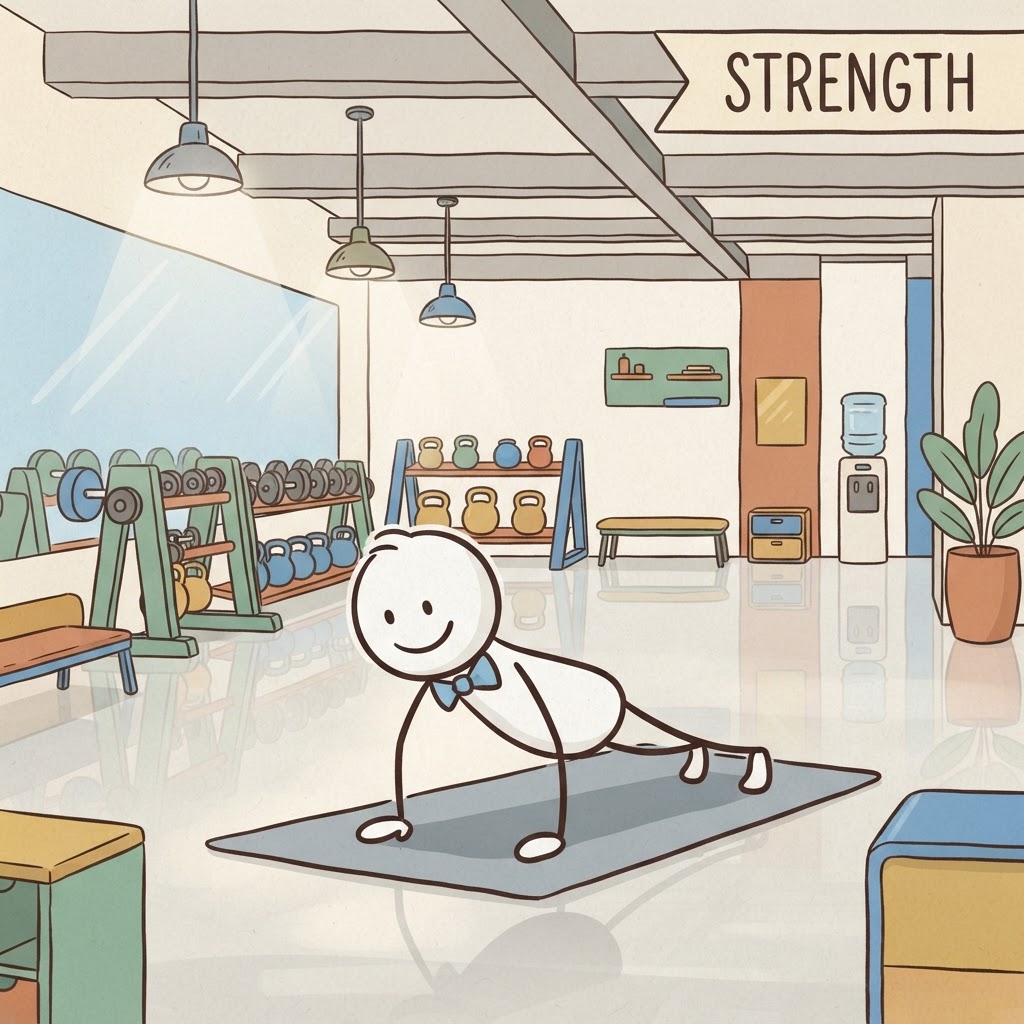 Haciendo flexiones en el suelo.