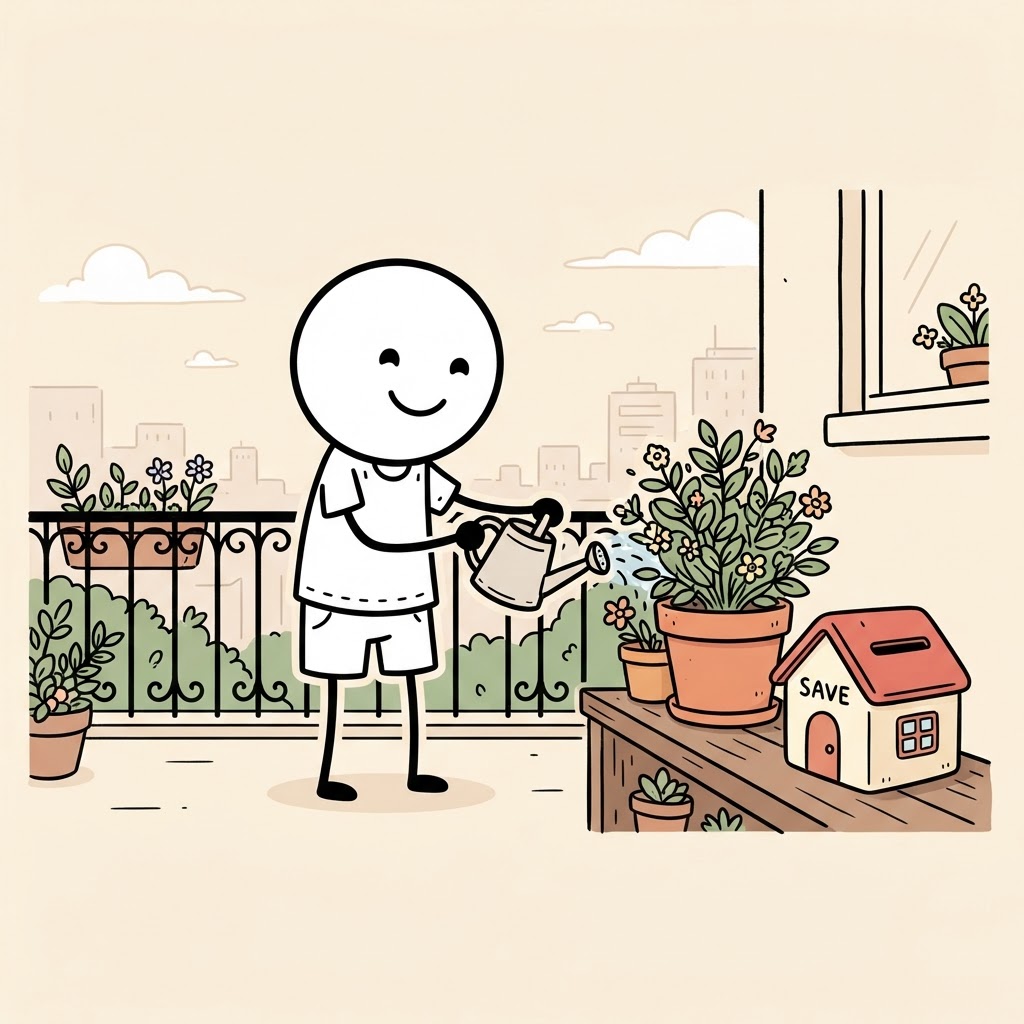 Regando la planta del balcón