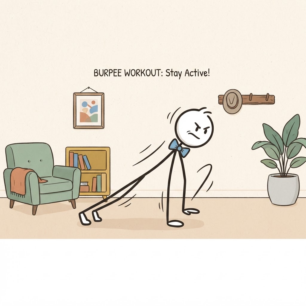 Figura haciendo burpees con entusiasmo.