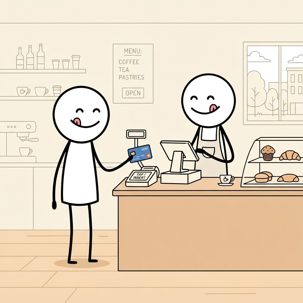 Pagando con tarjeta en la cafetería