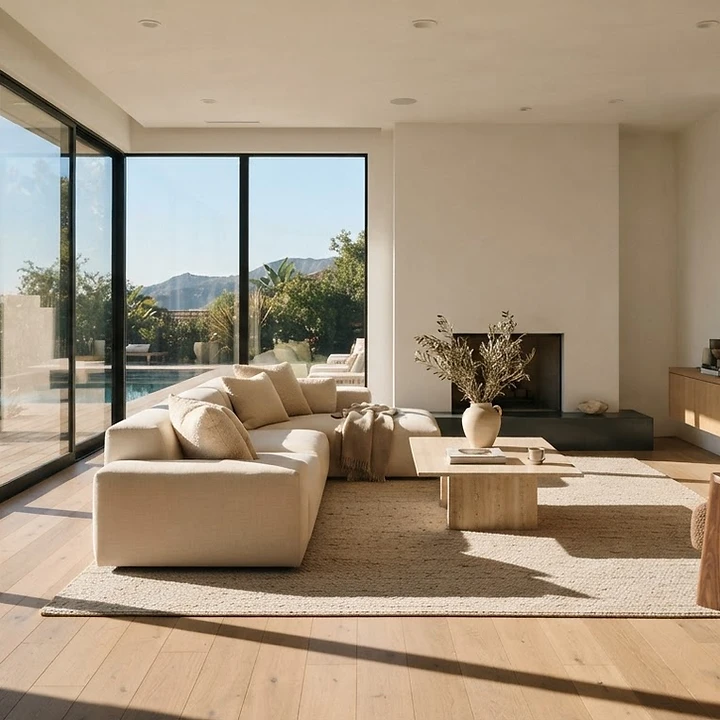 A sun-drenched luxury Los Angeles living room with oak floors and linen furnishings