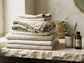 Neatly folded natural linen towels in warm sunlight
