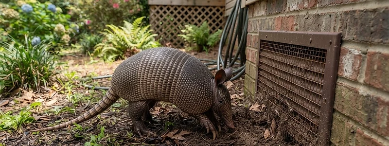 Armadillo in a residential backyard near a crawl space vent