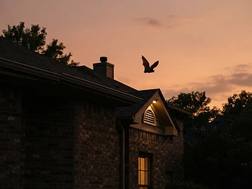 Bat near a residential roofline at dusk