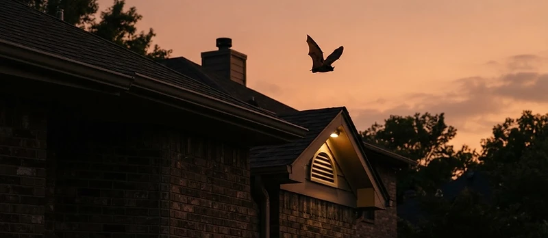 Bat silhouetted against a dusk sky near a residential roofline