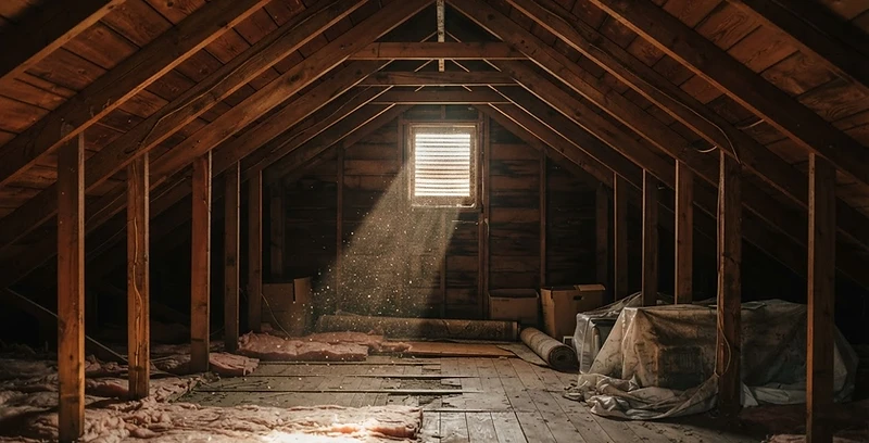 Attic interior with wooden beams and soft light