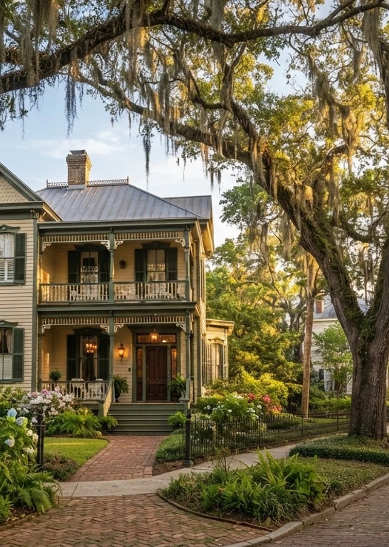 Savannah home under mature live oaks with dappled morning light