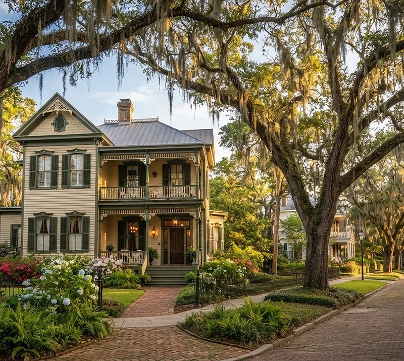 Savannah home under mature live oaks with dappled morning light