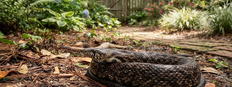 Snake resting on warm ground in a residential garden