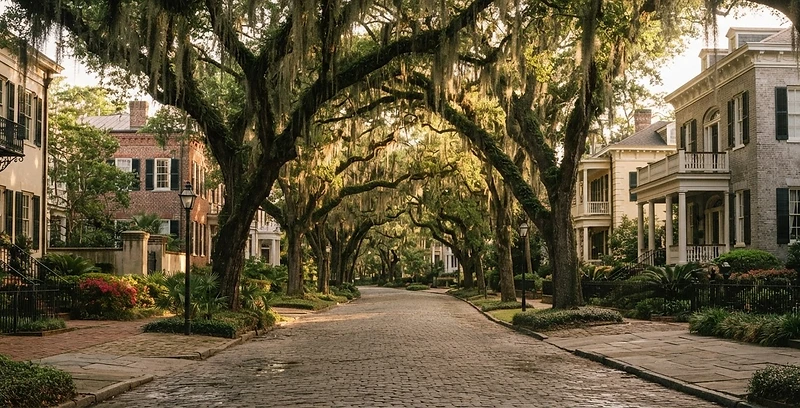 Moss-draped live oaks on a Savannah residential street