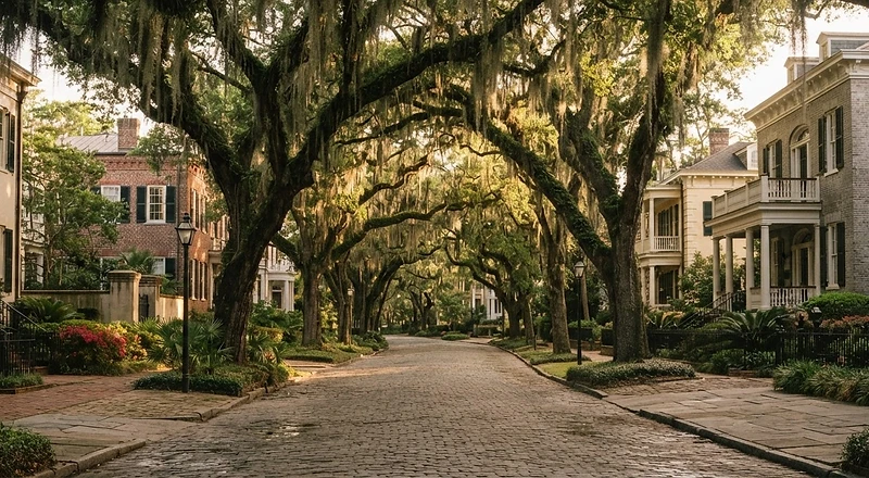 Moss-draped live oaks on a Savannah residential street