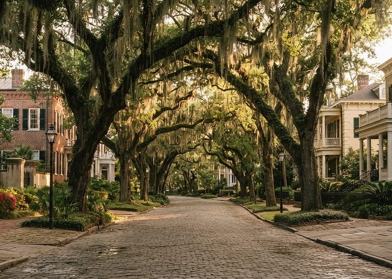 Moss-draped live oaks on a Savannah residential street